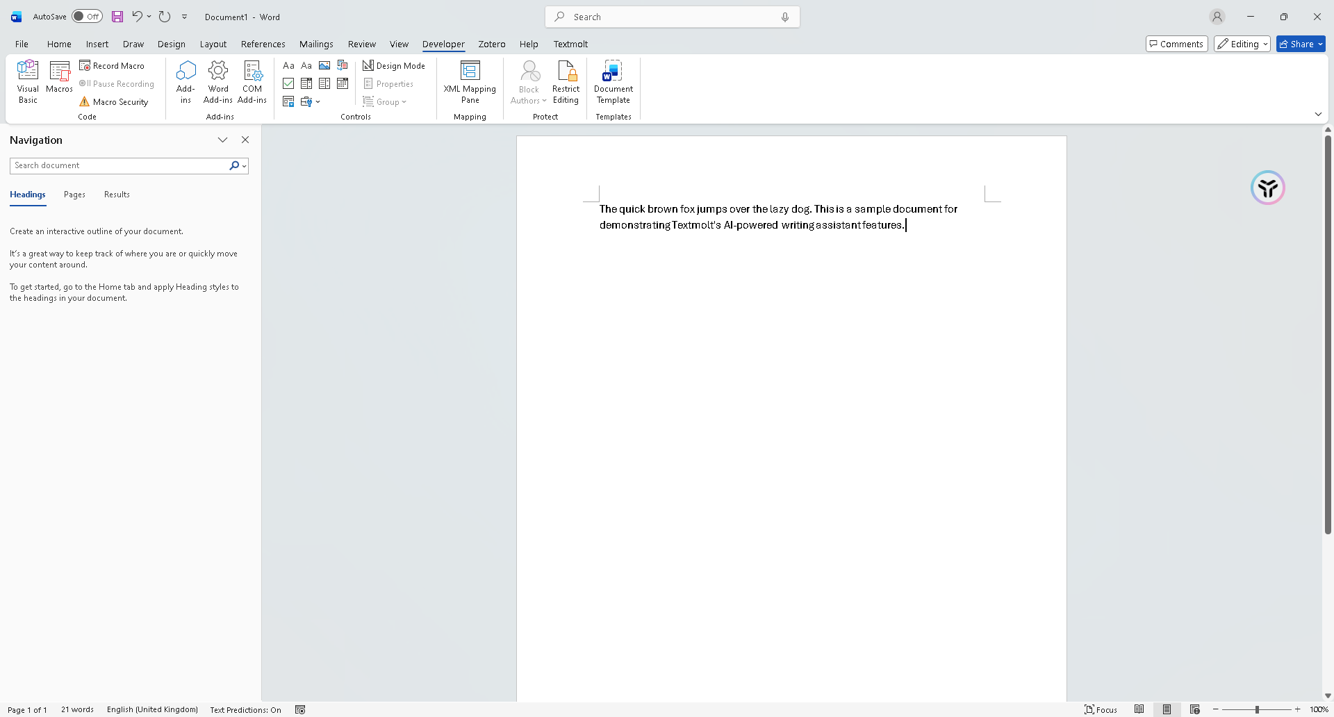 Developer tab visible in the Word ribbon