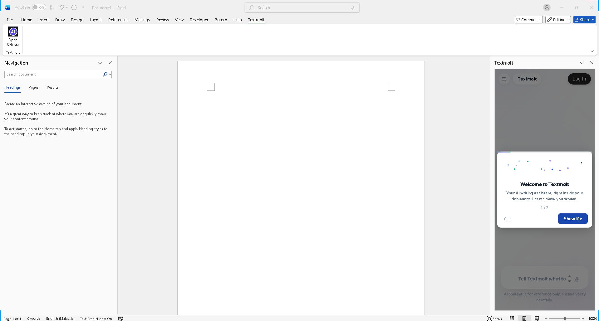 Textmolt tab active in the Word ribbon with sidebar open